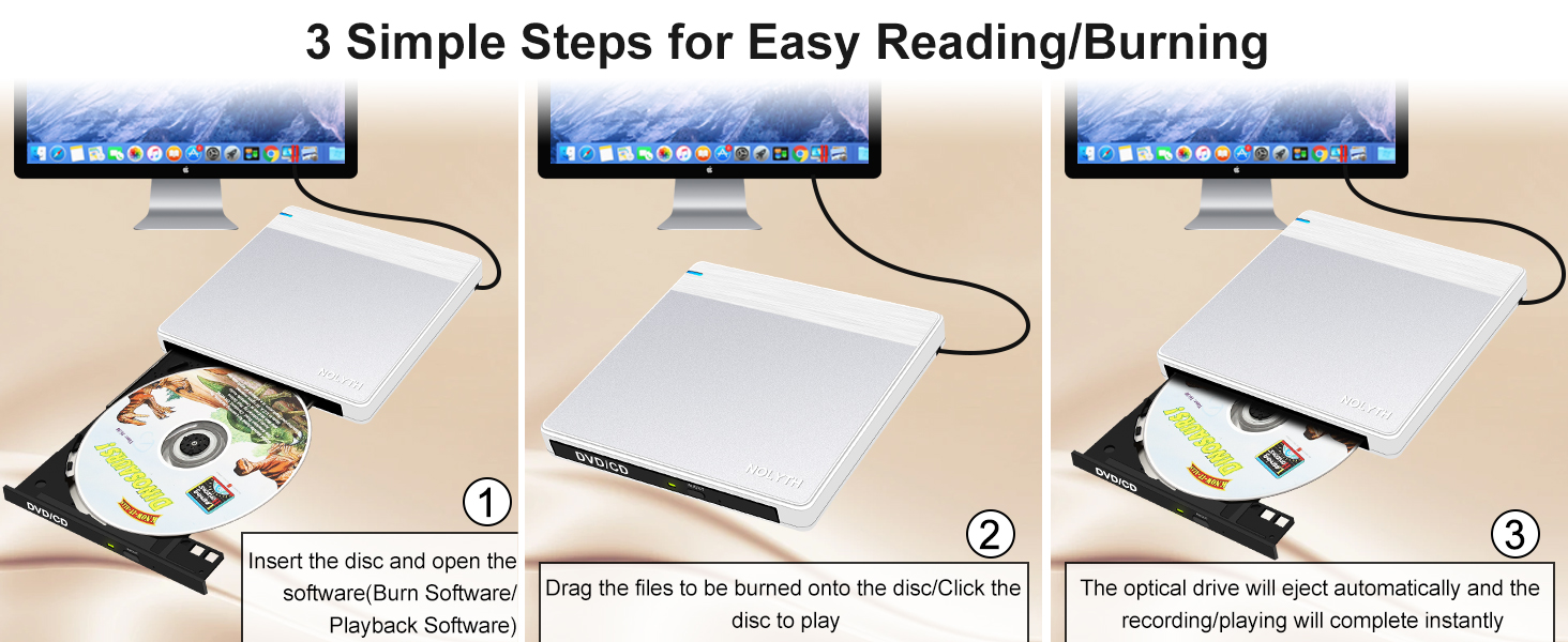 The CD ROM external drive supports reading/burning CDs/DVDs. It only takes 3 simple steps to finish.