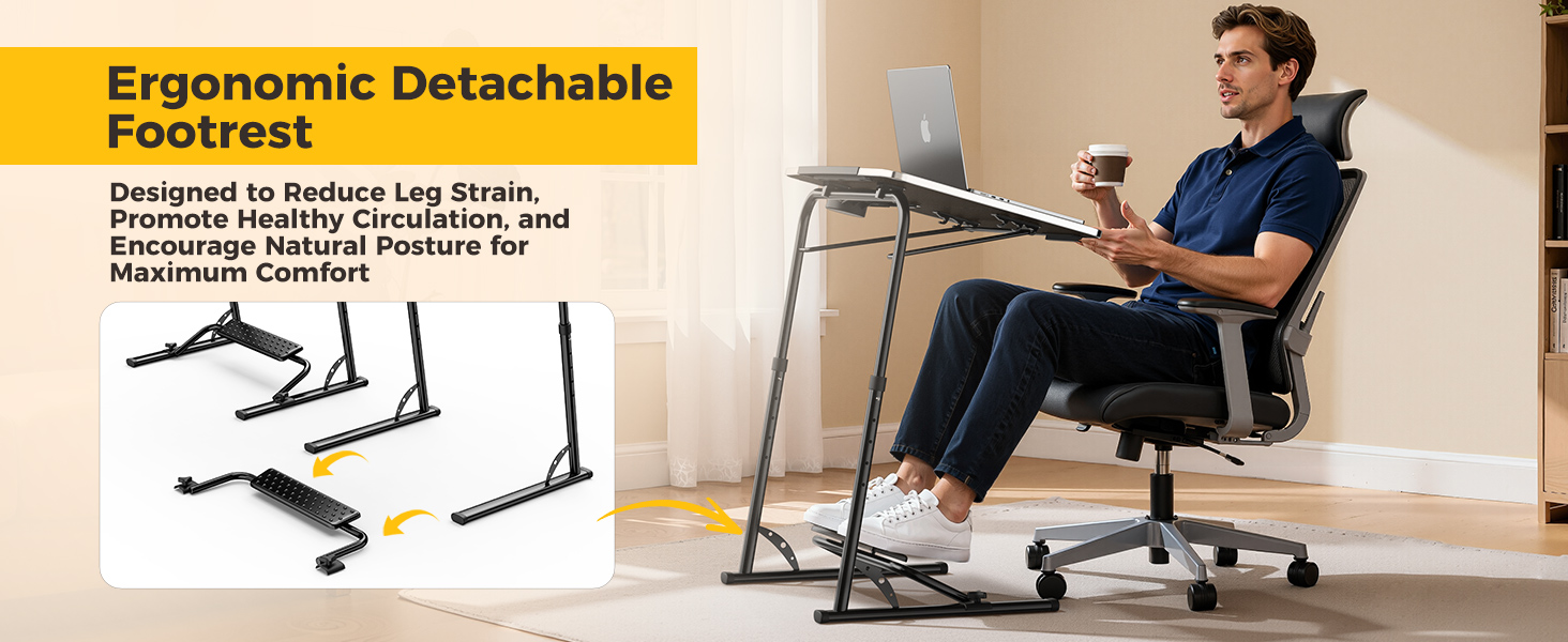 Man using foldable laptop table with detachable footrest as a portable recliner desk.