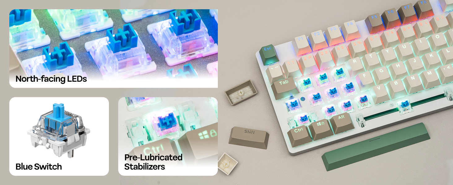 Mechanical keyboard components showing 'North-Facing LEDs', 'Blue Switch', and 'PBT Sublimated Stabilizers' with blue illuminated keys and clear switch housing.