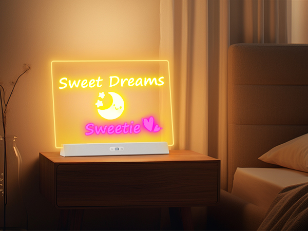 Illuminated LED sign on nightstand displays 