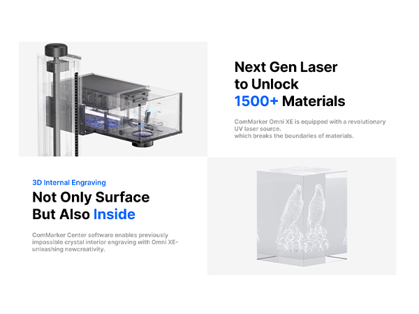 Text reads 'Next Gen Laser', 'to Unlock T500* Materials', 'Not Only Surface But Also Inside'. Technical marketing images showing laser equipment and material processing illustrations.