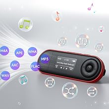 Portable digital audio player with black and red design displaying multiple music format icons (MP3, AAC, WMA, WAV, FLAC, etc.) and playback controls on screen against white background.