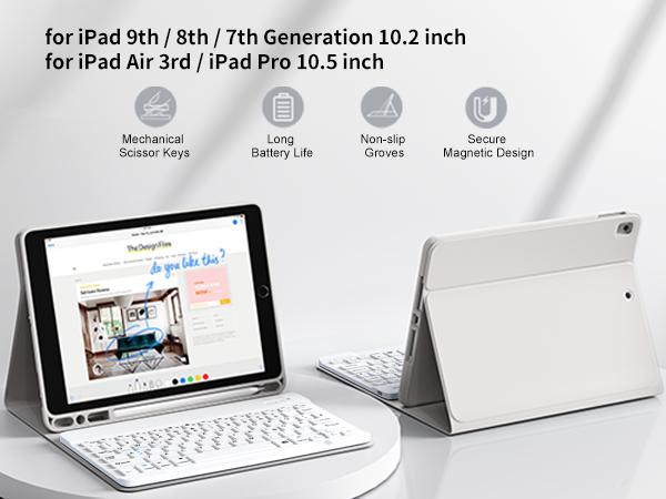 Text reads 'for iPad 9th/8th/7th Generation 10.2 inch for iPad Air 3rd/iPad Pro 10.5'. Shows tablet keyboard case with mechanical keys and magnetic design in various usage positions.