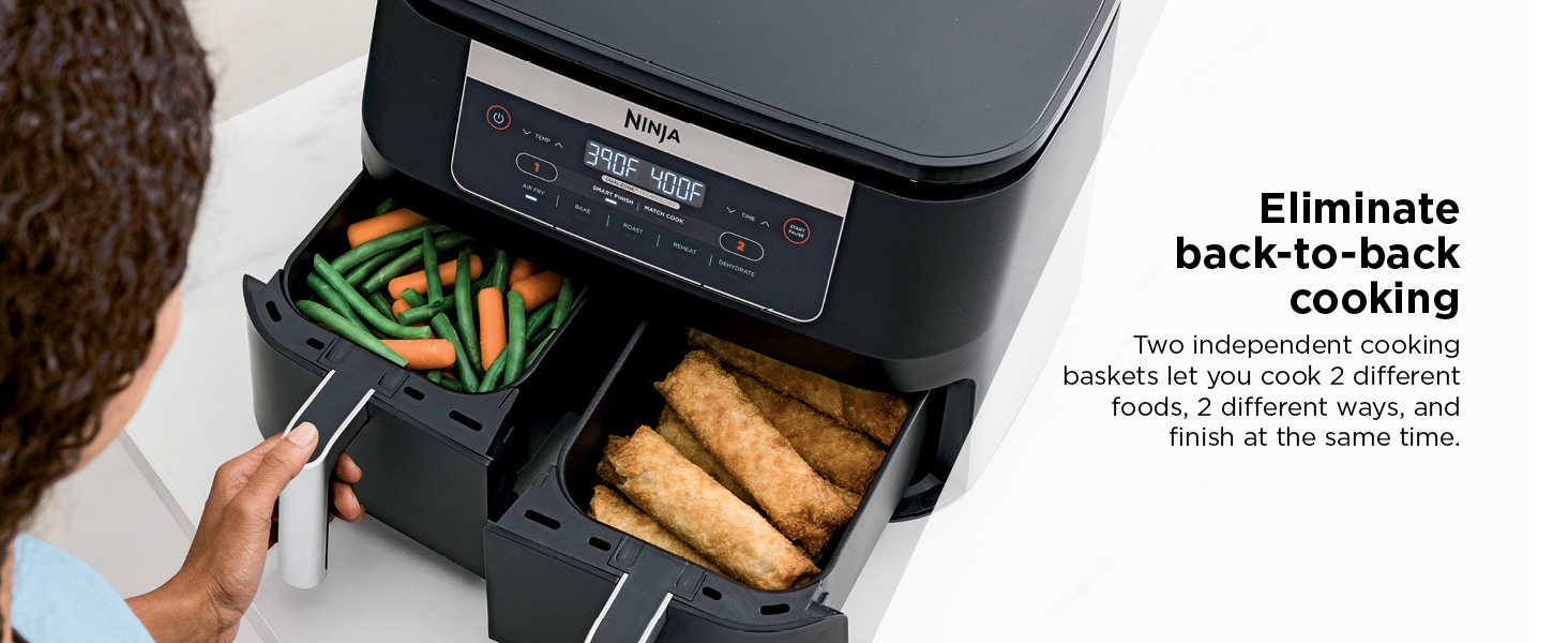 Eliminate back-to-back cooking Two independent cooking baskets let you cook 2 different foods,
