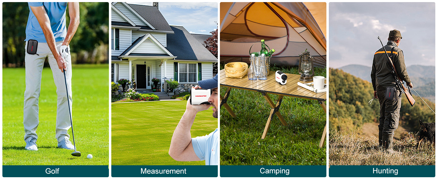 Four-panel image showing different outdoor activities: golf, home maintenance, camping, and hunting, each labeled with corresponding text below.