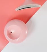 Close-up of a pink plastic spoon or ladle against a light background, with part of the handle visible.