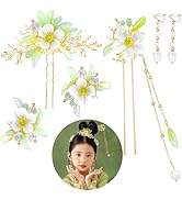 6 Pcs Lily Flower Chinese Tassel Hair Pins Crystal Pearl Hanfu Hair Clips Classical Floral Hair S...