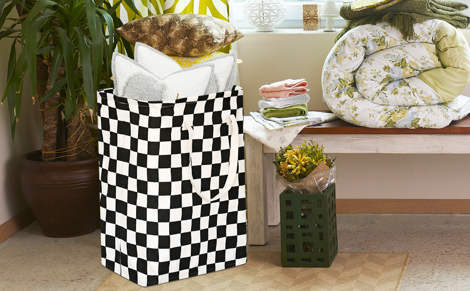 Checkered Laundry Basket Girls Hamper Storage Bins Organizer Toy Box Large Canvas