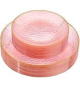 Rubtlamp 60Pcs Pink Plastic Plates,Clear Pink Plates With Gold Rim,Hammered Gold Plates, Disposab...
