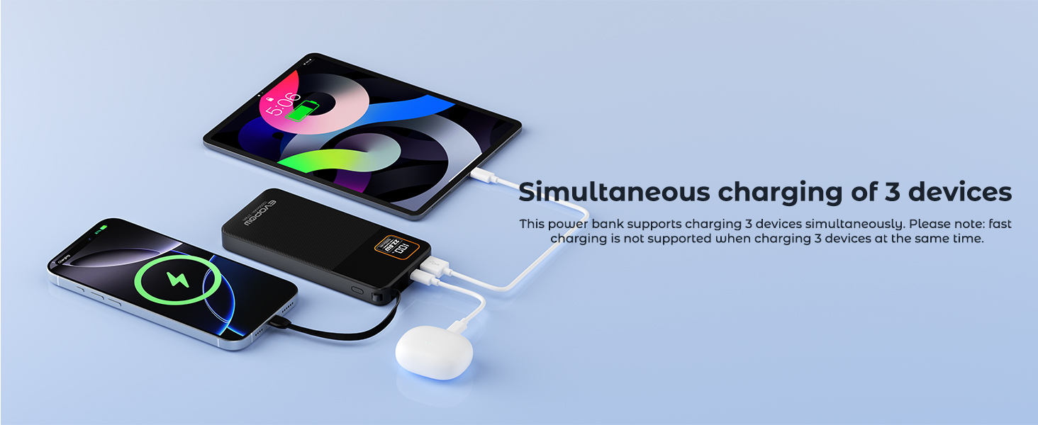 Simultaneous charging of 3 devices power bank