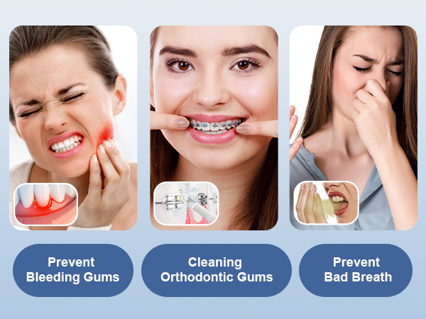 Medical diagram showing different dental conditions with text labels: 'Bleeding Gums', 'Orthodontic Gums', 'Bad Breath'. Includes circular icons for 'Prevent', 'Cleaning', 'Prevent'.