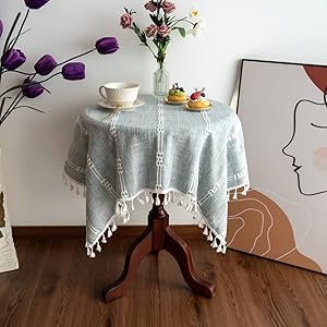 Square tablecloth, grey fringe, decorative textile, small tablecloth
