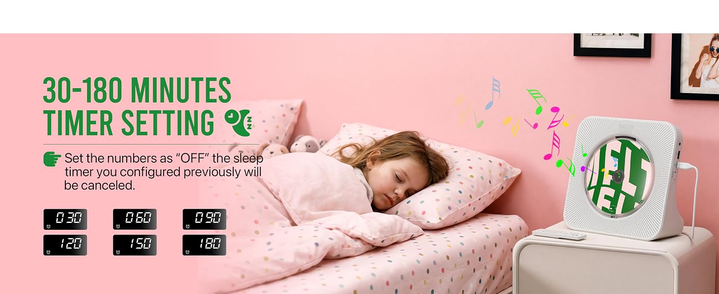 CD player with sleep timer in kids bedroom, 30 to 180 minute auto shut-off for bedtime