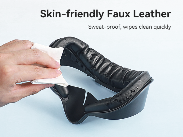 Demonstration of faux leather material being wiped clean, showing sweat-proof and easy-cleaning properties of the surface.