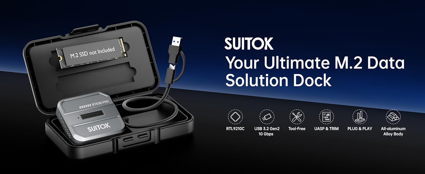 SUITOK M.2 NVMe SATA SSD reader with storage box for 22110 2280 PCIe NGFF drives.