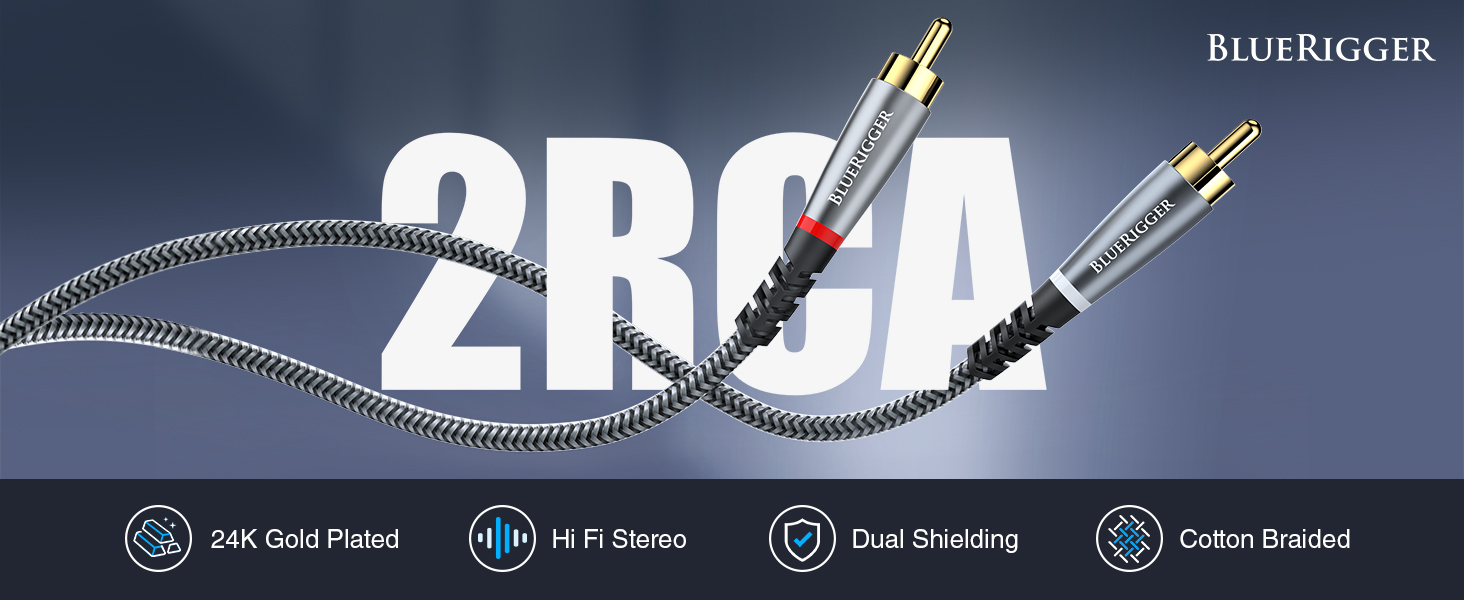 BLUERIGGER 2RCA to 2RCA audio cables 24k gold plated HiFi Stereo braided dual shielding long lead