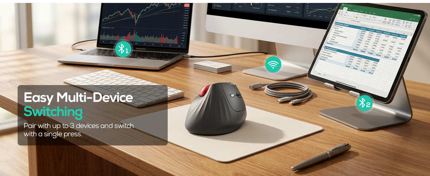 Nulea M506 54° Vertical Ergonomic Thumb Trackball Wireless Mouse 4 DPI,2BT+USB supports 3 devices