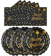 HFBOBP 50PCS Happy Birthday Paper Plates and Napkins - 7 Inch Birthday Cake Plates Scalloped Blac...