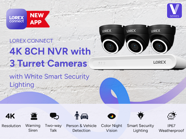 Lorex Connect V Series 4K 8-Channel Wired NVR System with V3 4K PoE Turret Cameras