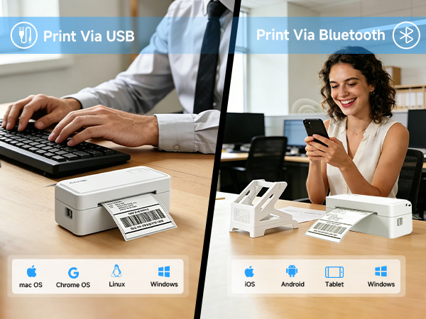 thermal printer supporting Bluetooth for iPhone, Android; USB for Mac, Windows, Linux, ChromeOS
