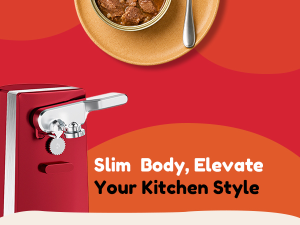 NK-0734 Space-saving slim red electric can opener with stylish silver metal accents