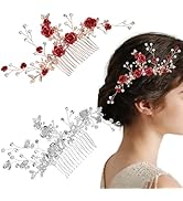 2 PCS Rose Crystal Bridal Side Combs Red Flower Hair Comb Floral Rhinestone Combs Vintage Decorat...