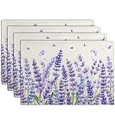 Lavender Placemats Set of 4 Purple Flower Butterfly Linen Fabric Table Mats Seasonal Spring Summe...