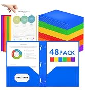 Officygnet 48 Pcs Plastic Folders with Pockets and Prongs Fastener, Heavy Duty Plastic Folders wi...