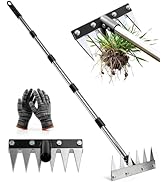 Joysuga Iron Weed Rake with 71" Adjustable Long Handle, 6 Teeth Manual Weed Remover Tool Heavy Du...