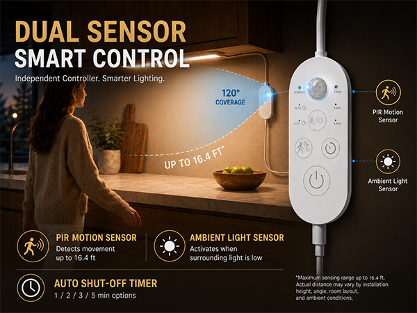 Dual sensor smart control with PIR motion and ambient light detection for under cabinet lighting