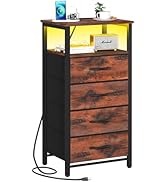 Yoobure Night Stand - LED Rustic Nightstand with Charging Station, Bedside Table with 4 Storage D...