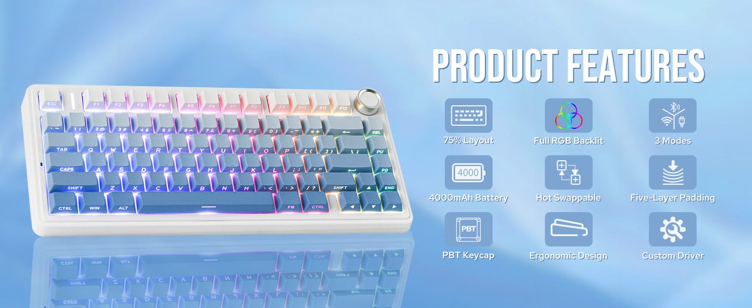 Mechanical keyboard with white keycaps featuring RGB backlighting. Product features icons show wireless connectivity, customizable lighting, and other technical specifications.