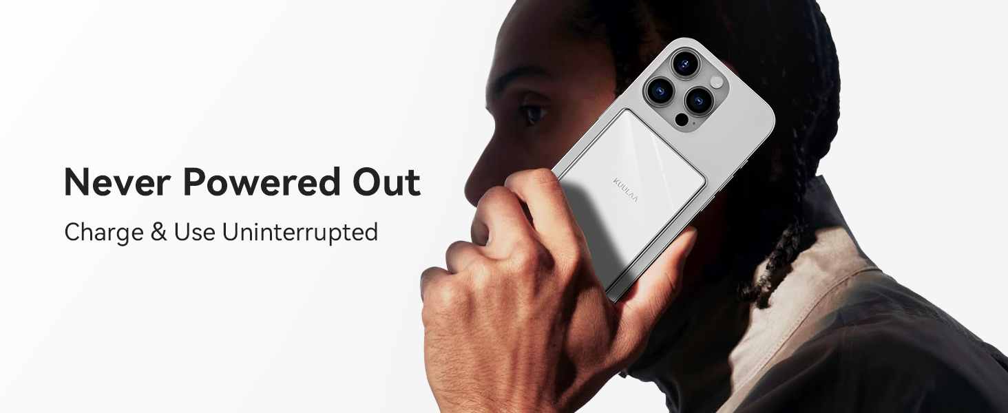 Smartphone with integrated battery case held to ear. White case extends below phone, featuring camera cutout. Text highlights uninterrupted use and charging capability.