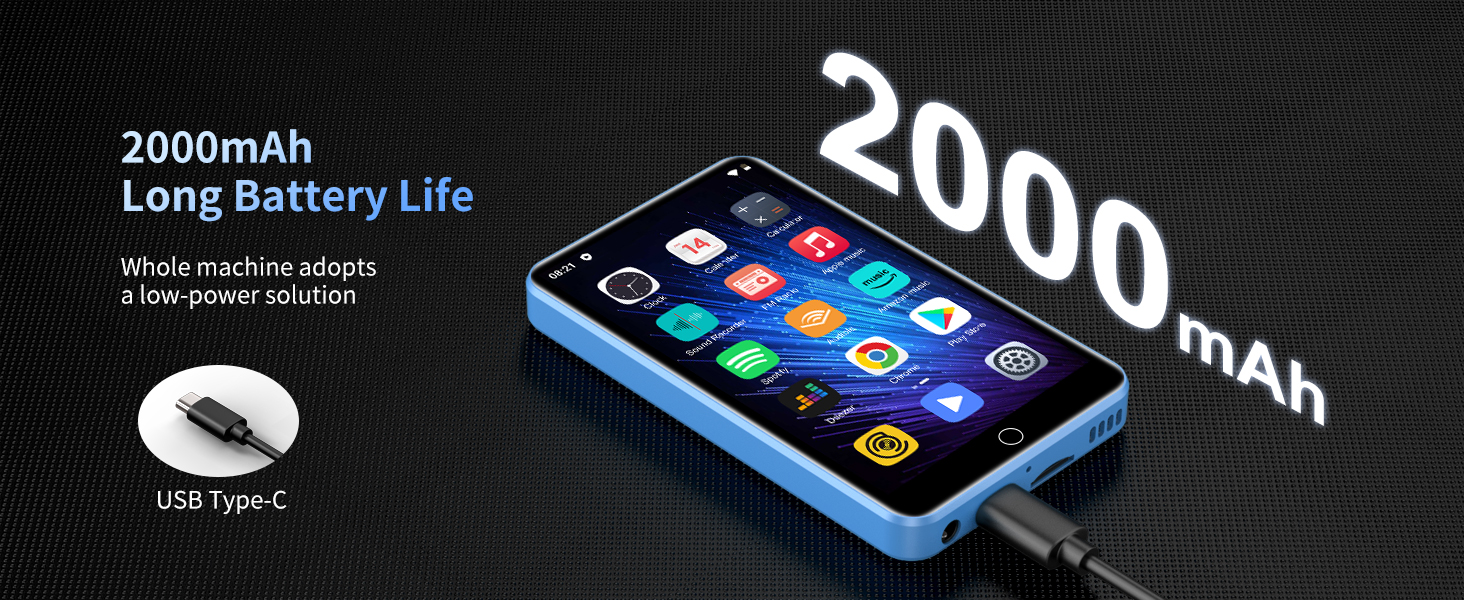 Blue smartphone displaying app icons, highlighting 2000mAh battery capacity feature and USB Type-C charging port.