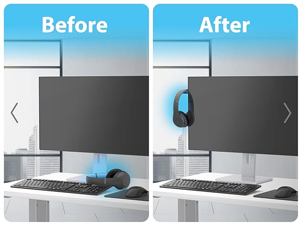 Before with headphones cluttering the desk and after with our headphone mount.