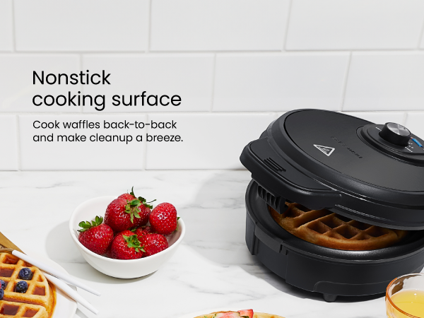 Nonstick cooking surface. Cook waffles back-to-back an d make cleanup a breeze