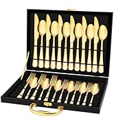 EUIRIO 30PCS Black Silverware Set for 6, Stainless Steel Flatware Set with Storage Box, Gold Cutl...