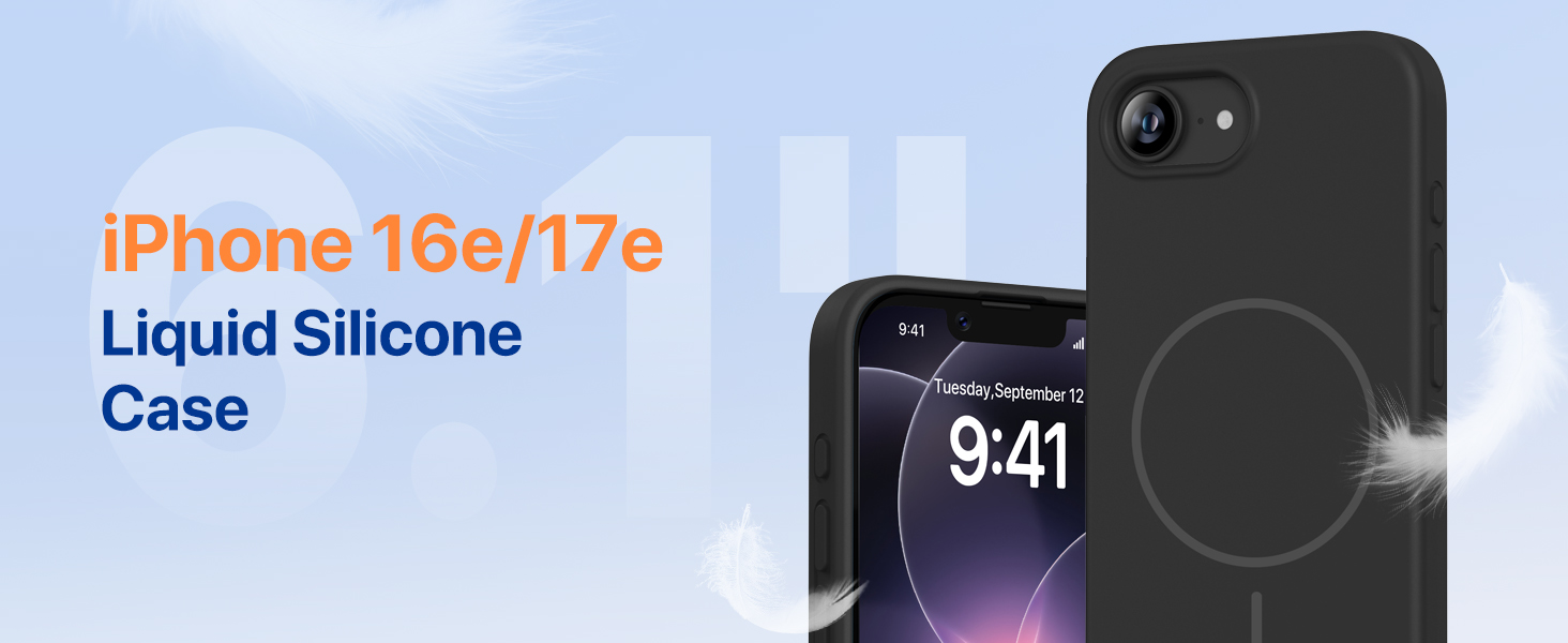 Text reads 'iPhone 16e/17e' and 'Liquid Silicone Case'. Product images showing phone case in various angles on blue background.