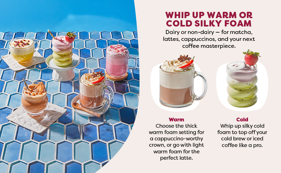 variety of drinks with frothed dairy topping on a blue countertop