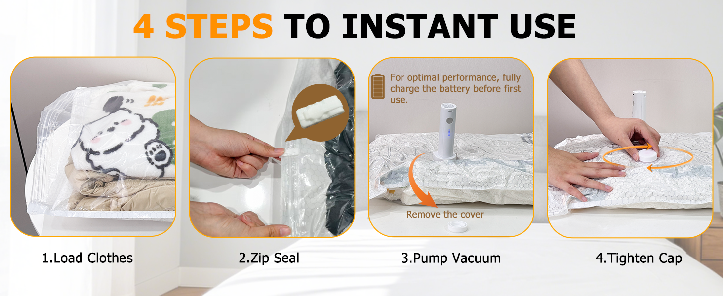 How to use vacuum storage bags: load, zip seal, pump vacuum, tighten cap (4 steps).
