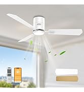 OPONL White Ceiling Fan with Light 52inch, Low Profile, Remote Control, Flush Mount, Noiseless, R...