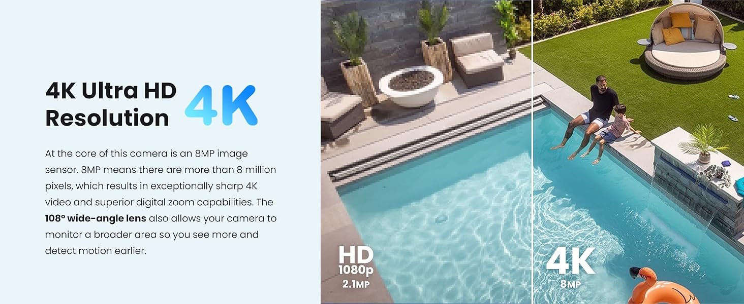 8MP sensor delivers sharp 4K video and wide 127° view for more coverage and early motion alerts.