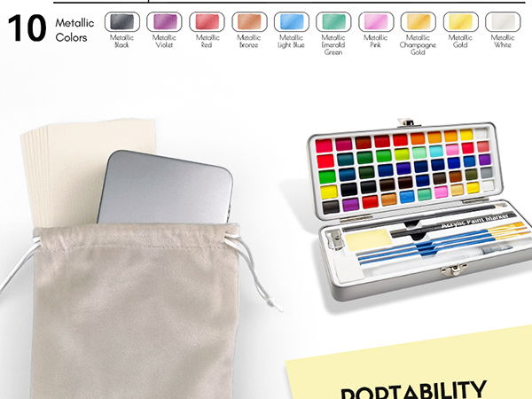 50 colors watercolor paint set travel portable metal box metallic fluorescent paint brush