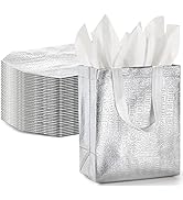 Elsjoy 40 Pack Glossy Silver Gift Bags - 10 x 8 Inch Small Reusable Grocery Tote With Handle - Me...