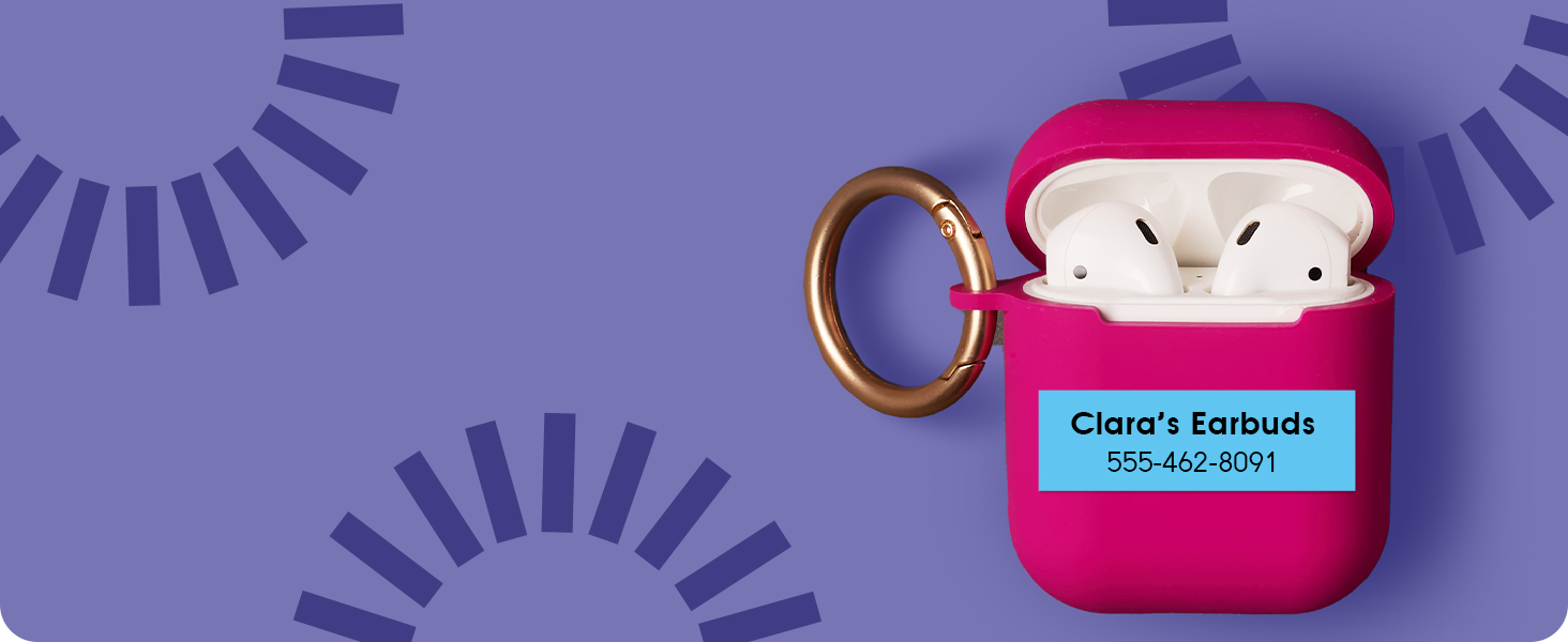 Earbud case with black on blue P-touch Btag label &amp;#34;Clara&amp;#39;s Earbuds&amp;#34; and phone number on two lines