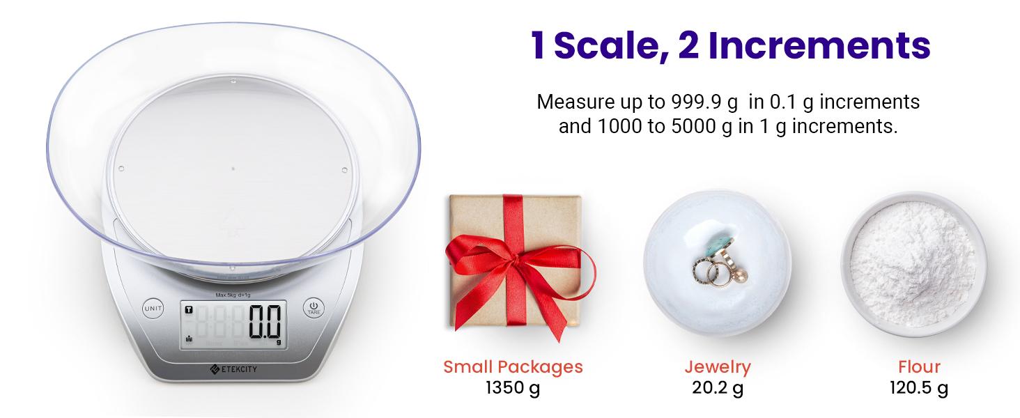 Can measure up to 999.9 g in 0.1 g increments and 1000 to 5000 g in 1 g increments