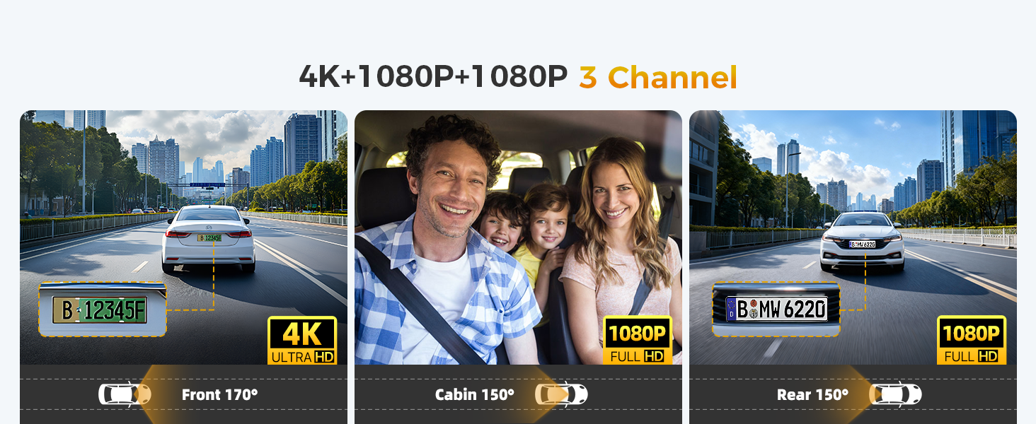 Text reads '4K-1080P-1080P 3 Channel'. Collection of dashboard camera footage showing different driving scenarios with quality indicators in corner.