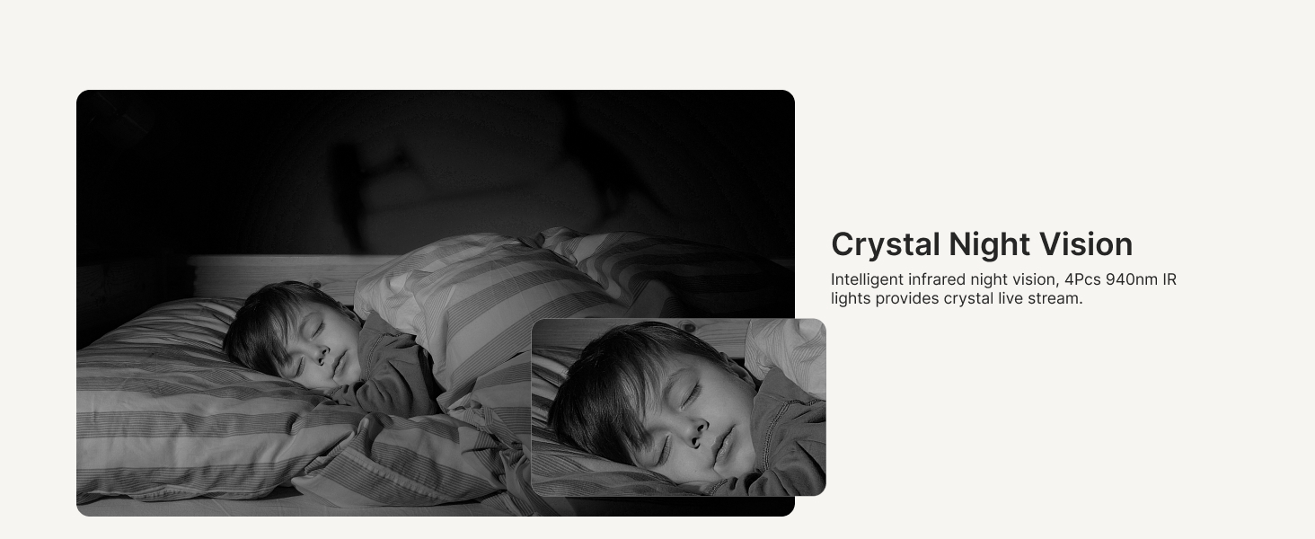Crystal Night Vision device advertised with a grayscale image of two children sleeping, emphasizing its use for monitoring in dark conditions.