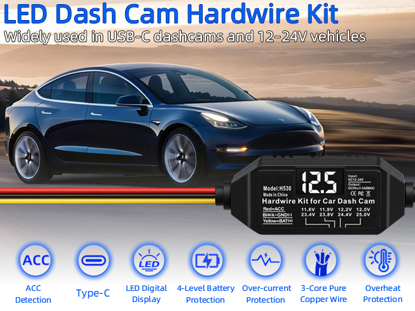 Dash Cam Hardwire Kit USB C, 12V-24V to 5V Type C Hardwire Kit with LED Voltmeter