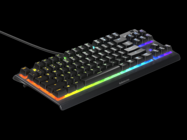 - Apex 3 underside displaying three channel options for the cable to exit the keyboard